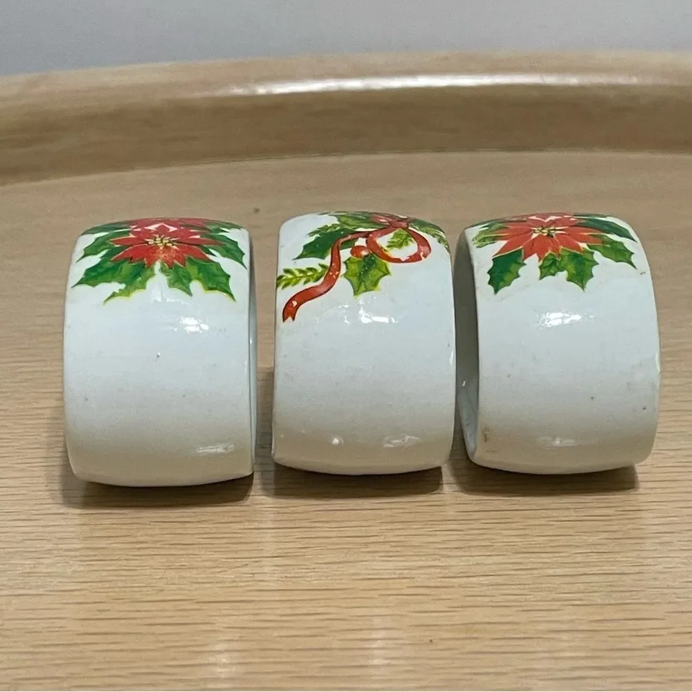 Porcelain Poinsettia & Holly Christmas Napkin Rings Festive Holiday Design 3 Set